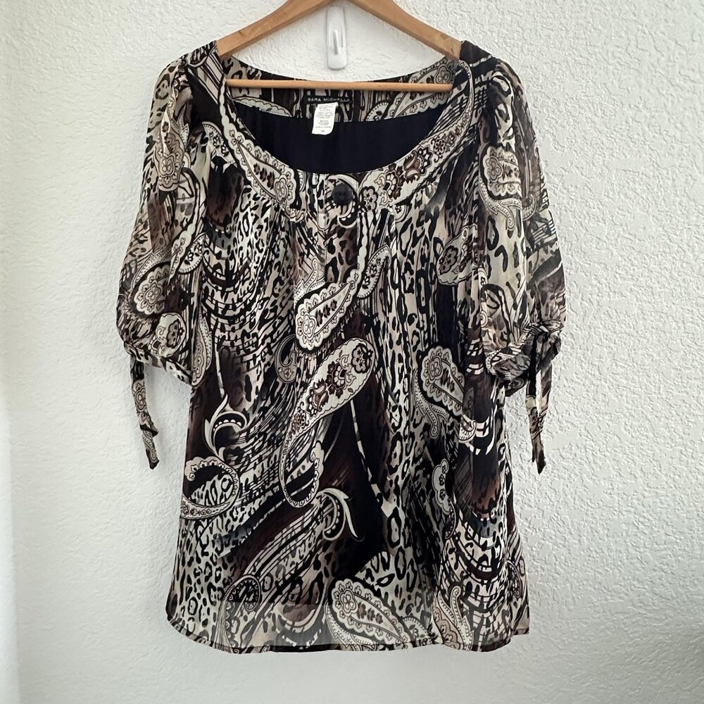 Sara Michelle Blouse Womens 2X Brown Black Paisley Animal Print Sheer Lined Boho